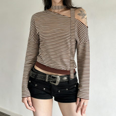 Stripe Slash Shoulder Long-Sleeve Top GWEN-JWIT43679