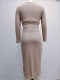 Sexy Solid Color Ribbed Long Sleeve Split Skirt Two Piece Set GYOU-CX2828