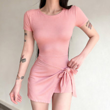 Solid Short Sleeve Tie Up Anti-Exposure Mini Dress GWEN-JMKD46150