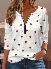 Plus Size Heart Print Round Neck Zip-Up Tops GYOU-CX311061