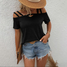 Plus Size Solid Color Short Sleeve Off-Shoulder T-Shirt GYOU-CX3512