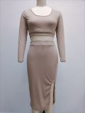 Sexy Solid Color Ribbed Long Sleeve Split Skirt Two Piece Set GYOU-CX2828