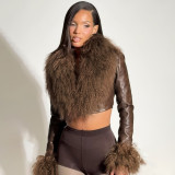 Fur Patchwork Leather V Neck Coat DLSF-K25L85062