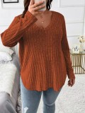 Plus Size Solid Color V-Neck Long Sleeve Tops GYOU-CX23072901
