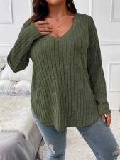 Solid Color Plus Size V-Neck Long Sleeve Tops GYOU-CX23072901