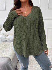 Plus Size Solid Color V-Neck Long Sleeve Tops GYOU-CX23072901