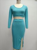 Sexy Solid Color Ribbed Long Sleeve Split Skirt Two Piece Set GYOU-CX2828