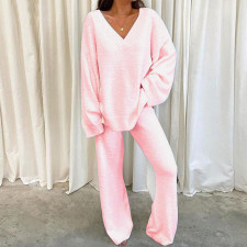 Plus Size Casual Solid Color V-Neck Long Sleeve Pants Two Piece Set GYOU-LF9090