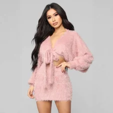 Long Sleeve Tie Up Plush Two Piece Pants Set GXHF-M81015