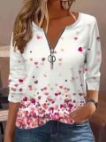 Plus Size Heart Print Round Neck Zip-Up Tops GYOU-CX311061