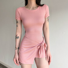 Solid Short Sleeve Tie Up Anti-Exposure Mini Dress GWEN-JMKD46150