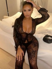 Lace Hollow Out Long Sleeve Tight Two Piece Pants Set GXHF-X80319