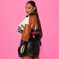 PU Leather Print Coat Two Piece Skirts Set YNSF-8016