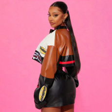 PU Leather Print Coat Two Piece Skirts Set YNSF-8016