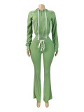 Solid Color Zipper Hooded Micro Flare Pants Suit CH-25066
