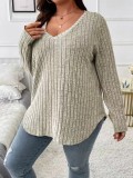 Plus Size Solid Color V-Neck Long Sleeve Tops GYOU-CX23072901