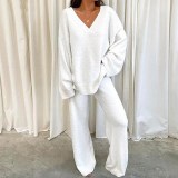 Plus Size Casual Solid Color V-Neck Long Sleeve Pants Two Piece Set GYOU-LF9090