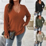 Plus Size Solid Color V-Neck Long Sleeve Tops GYOU-CX23072901