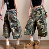 Camouflage Print Holes Wide Leg Fifth Pants SH-391450
