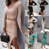 Sexy Solid Color Ribbed Long Sleeve Split Skirt Two Piece Set GYOU-CX2828
