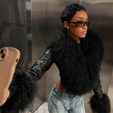 Fur Patchwork Leather V Neck Coat DLSF-K25L85062