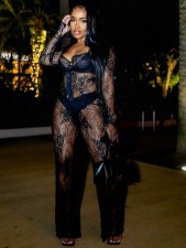 Lace Hollow Out Long Sleeve Tight Two Piece Pants Set GXHF-X80319
