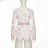 V Neck Print Bow Tie T-shirt GWEN-JWKT46085