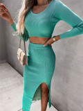 Sexy Solid Color Ribbed Long Sleeve Split Skirt Two Piece Set GYOU-CX2828