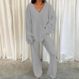 Plus Size Casual Solid Color V-Neck Long Sleeve Pants Two Piece Set GYOU-LF9090