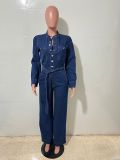 Fashion Long Sleeve Tie Up Denim Jumpsuit LX-3589