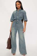 Fashion Half Sleeve Washed Denim Jumpsuit LX-8606