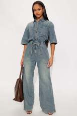 Fashion Half Sleeve Washed Denim Jumpsuit LX-8606