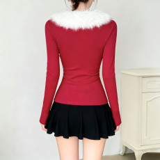 Single Breasted Furrzy Patchwork Collar Long Sleeve Tops GWEN-JMKT46217