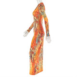 Long Sleeve Print Hollow Out Maxi Dress GJYO-JD303559