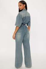 Fashion Half Sleeve Washed Denim Jumpsuit LX-8606