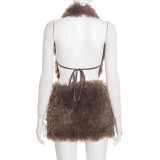 Sexy Fur Neck Backless Two Piece Skirts Set GSBD-J25ST363