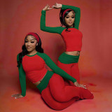 Christmas Long-Sleeve Color-Block T-Shirt and Pants Two-Piece Set GSLF-K25S87836