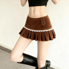 Lace Patchwork Solid Color Pleated Mini Skirts GWEN-JMKD46146