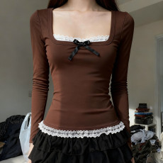 Lace Patchwork Square Neck Solid Color Tops GWEN-JMKT46452