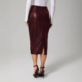 PU Leather Pleated Split Long Skirt GYXN-53717