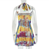Print Color Block Halterneck Mini Dress GJYO-JD303313