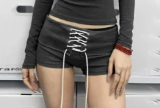 Casual Sports Long-Sleeve Top & Low-Rise Tie-Waist Shorts GWEN-JMKT46586