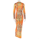 Long Sleeve Print Hollow Out Maxi Dress GJYO-JD303559
