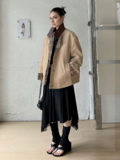 Stand Collar Contrast Color Plaid Print Coat GYXN-204534