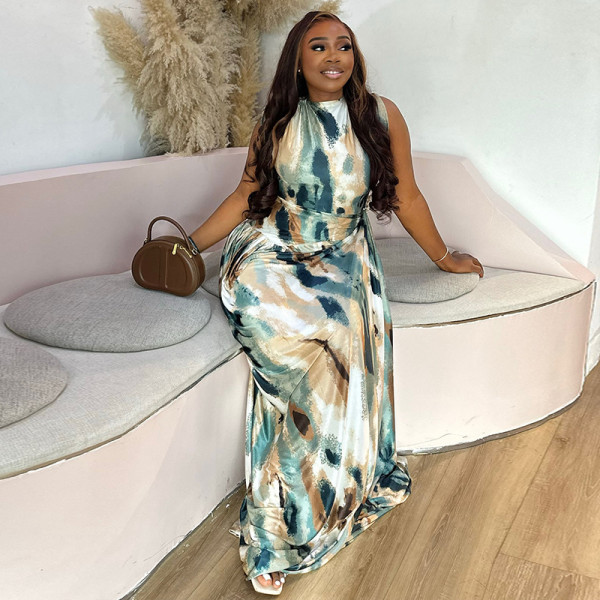 Sleeveless Print Pleated Maxi Dress GJYO-JD303573