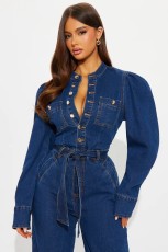 Fashion Long Sleeve Tie Up Denim Jumpsuit LX-3589