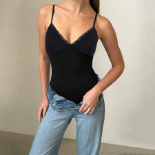 V Neck Lace Patchwork Sling Bodysuit GWEN-JWJB45724