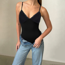 V Neck Lace Patchwork Sling Bodysuit GWEN-JWJB45724