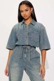 Fashion Half Sleeve Washed Denim Jumpsuit LX-8606