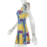 Print Color Block Halterneck Mini Dress GJYO-JD303313